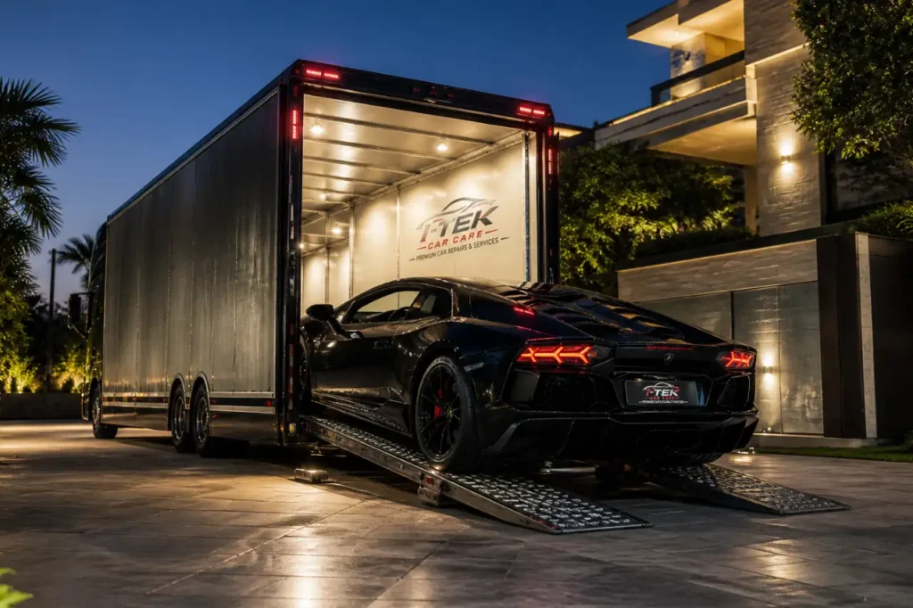 Meticulous loading of a luxury supercar onto a secure, high-tech transport trailer by I-Tek Car Care in Bengaluru